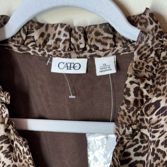 Cato Animal Print Blouse Chiffon Metallic Gold Thread Smocked XL NWT - Picture 3 of 12